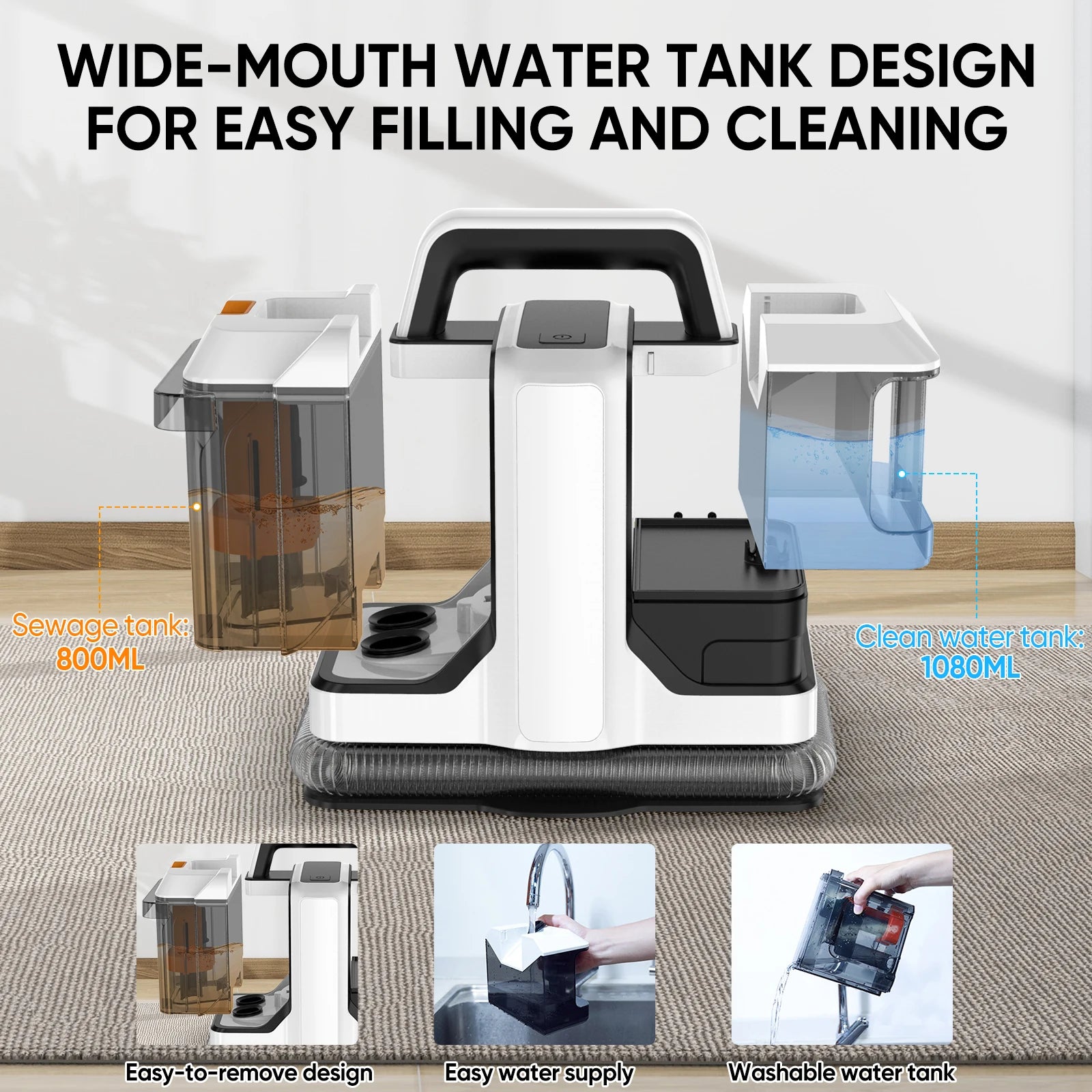 Portable Carpet Cleaner 750W 15KPa Portable Spot Cleaner for Car Sofa Pet Hair, Spray Suction Upholstery Clean Machine 