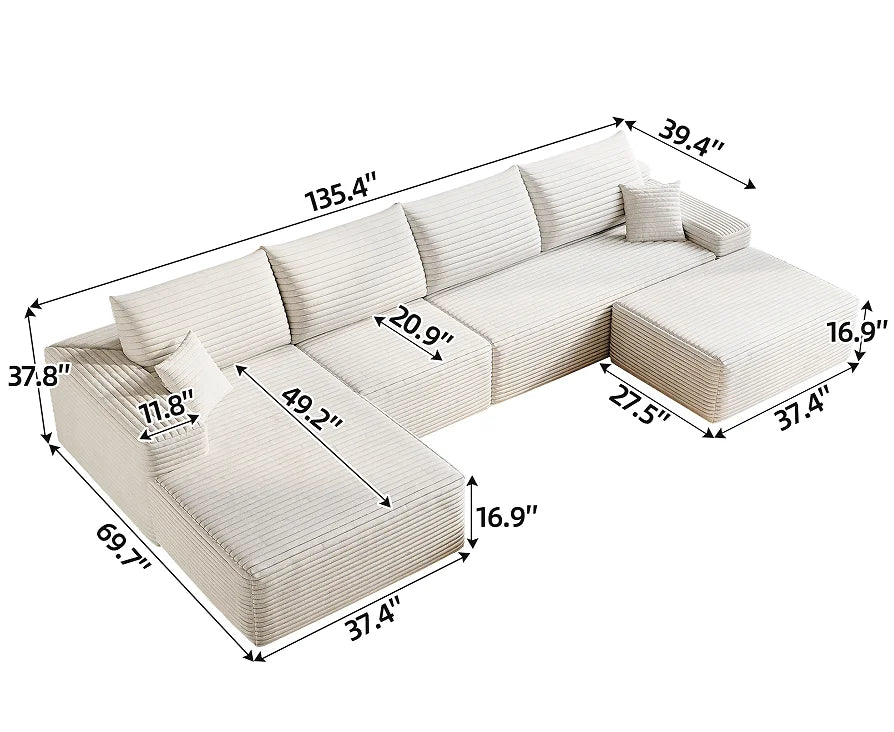 Cloud Sectional Sofa with 1 Ottoman,Modern Minimalist Upholstered Couches, Comfort U Shaped Sofa for Living Room 