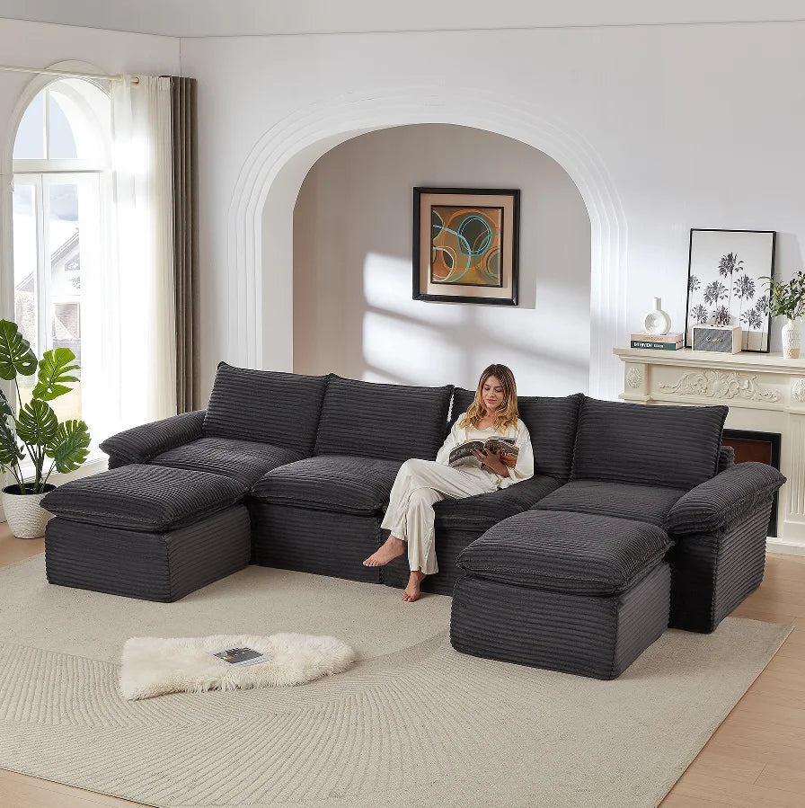 Boneless Oversized Sectional Compressed Foam Sofa Set Living Room Modern Convertible Modular Corduroy Vacuum Packaging 
