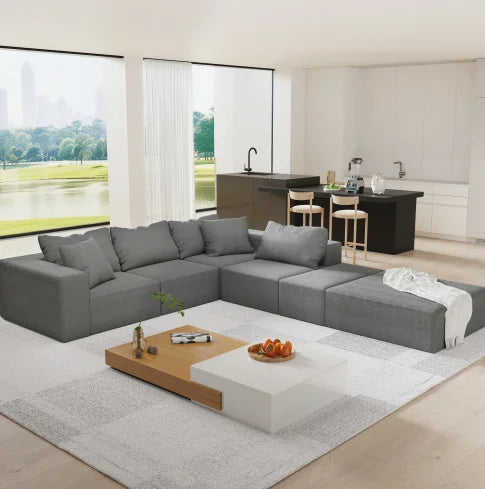 Modern Upholstered Sectional Sofa Couch Set,Modular 132" L Shaped Sectional Living Room Sofa Set With 6 Pillows 