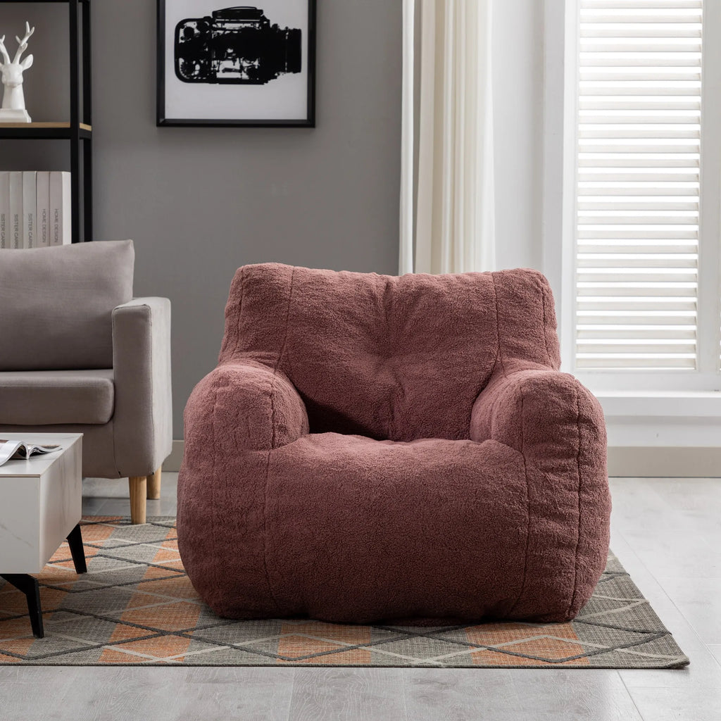 Soft Teddy Fabric Tufted Foam Bean Bag Chair With Teddy Fabric Ivory Color for Living Room 