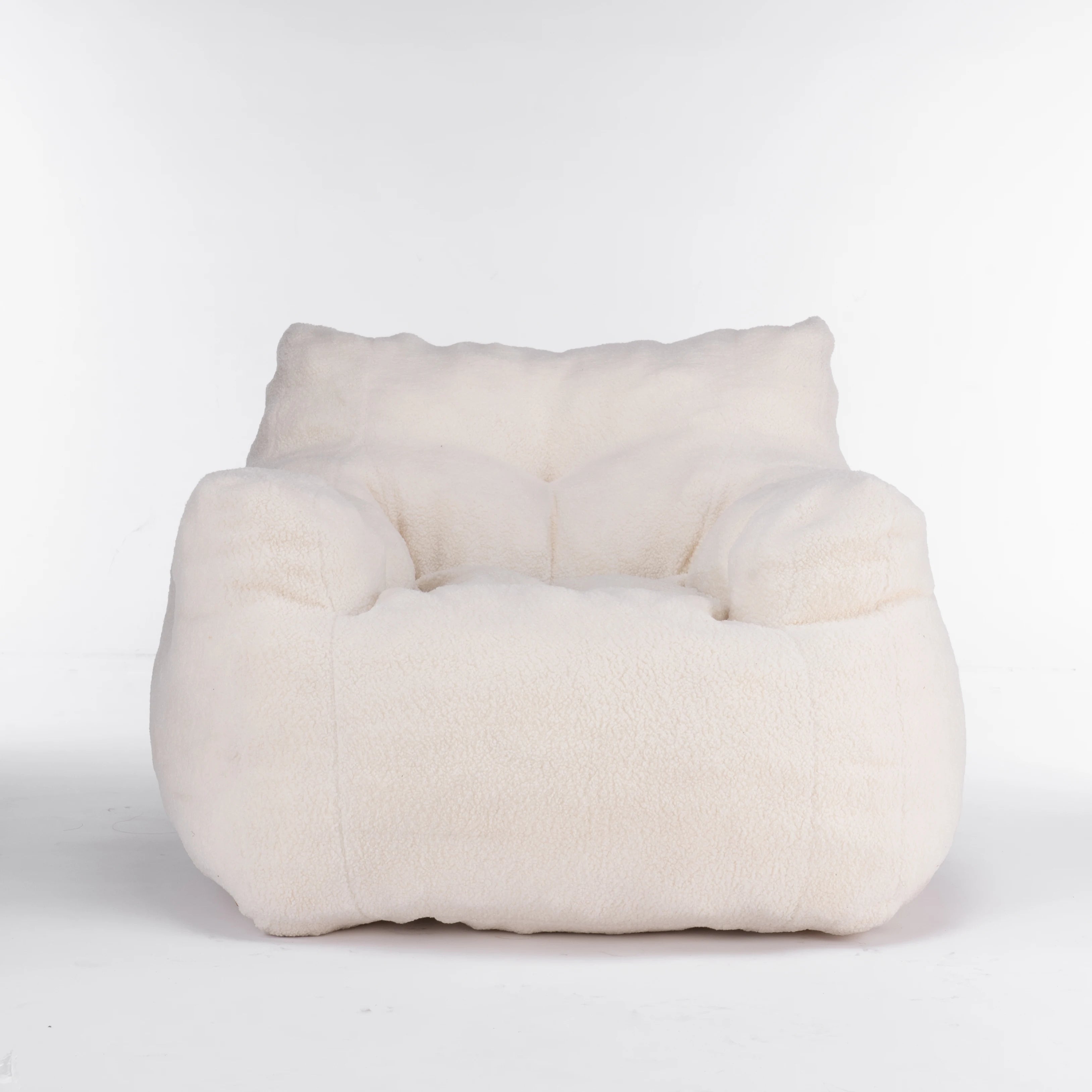 Soft Teddy Fabric Tufted Foam Bean Bag Chair with Modern Design One Seat Living Room Sofa Ivory White 