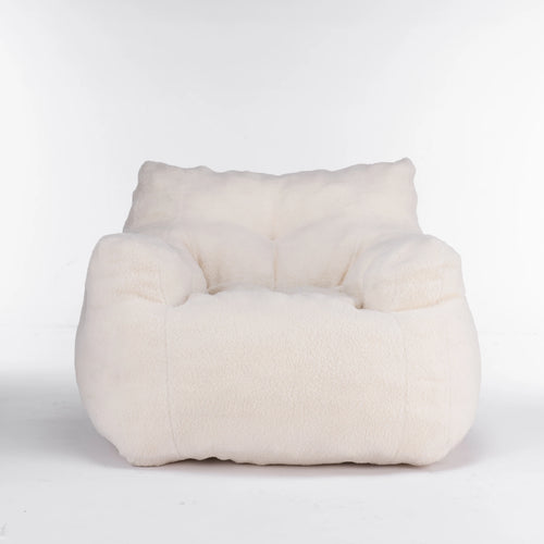 Soft Teddy Fabric Tufted Foam Bean Bag Chair with Modern Design One Seat Living Room Sofa Ivory White 