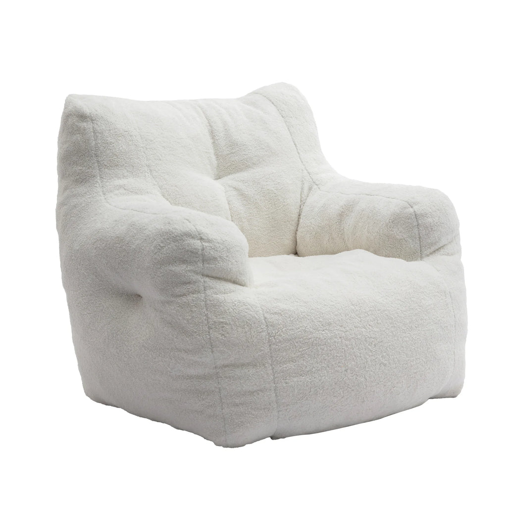 Soft Teddy Fabric Tufted Foam Bean Bag Chair with Modern Design One Seat Living Room Sofa Ivory White 