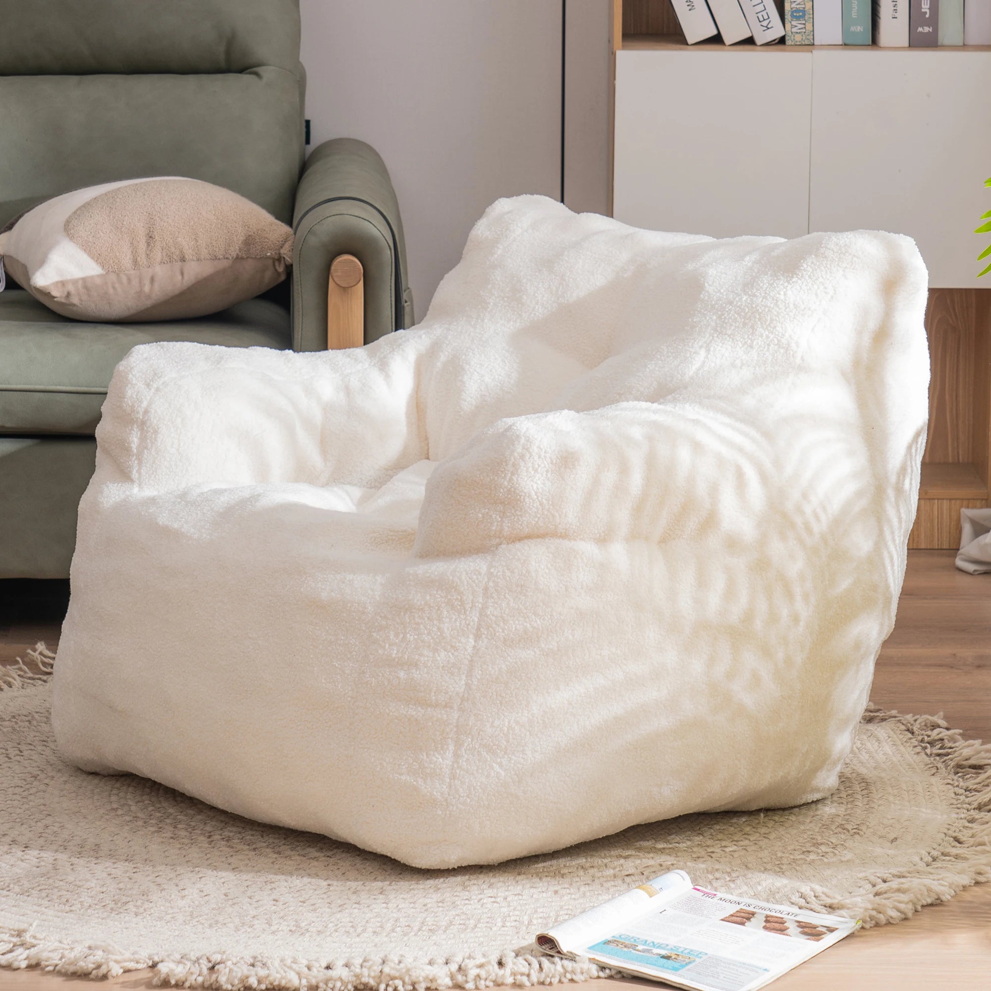 Soft Teddy Fabric Tufted Foam Bean Bag Chair with Modern Design One Seat Living Room Sofa Ivory White 