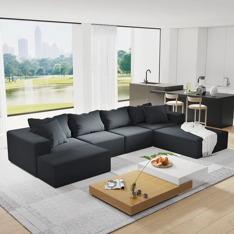 Modern Upholstered Sectional Sofa Couch Set,Modular 132" L Shaped Sectional Living Room Sofa Set With 6 Pillows 