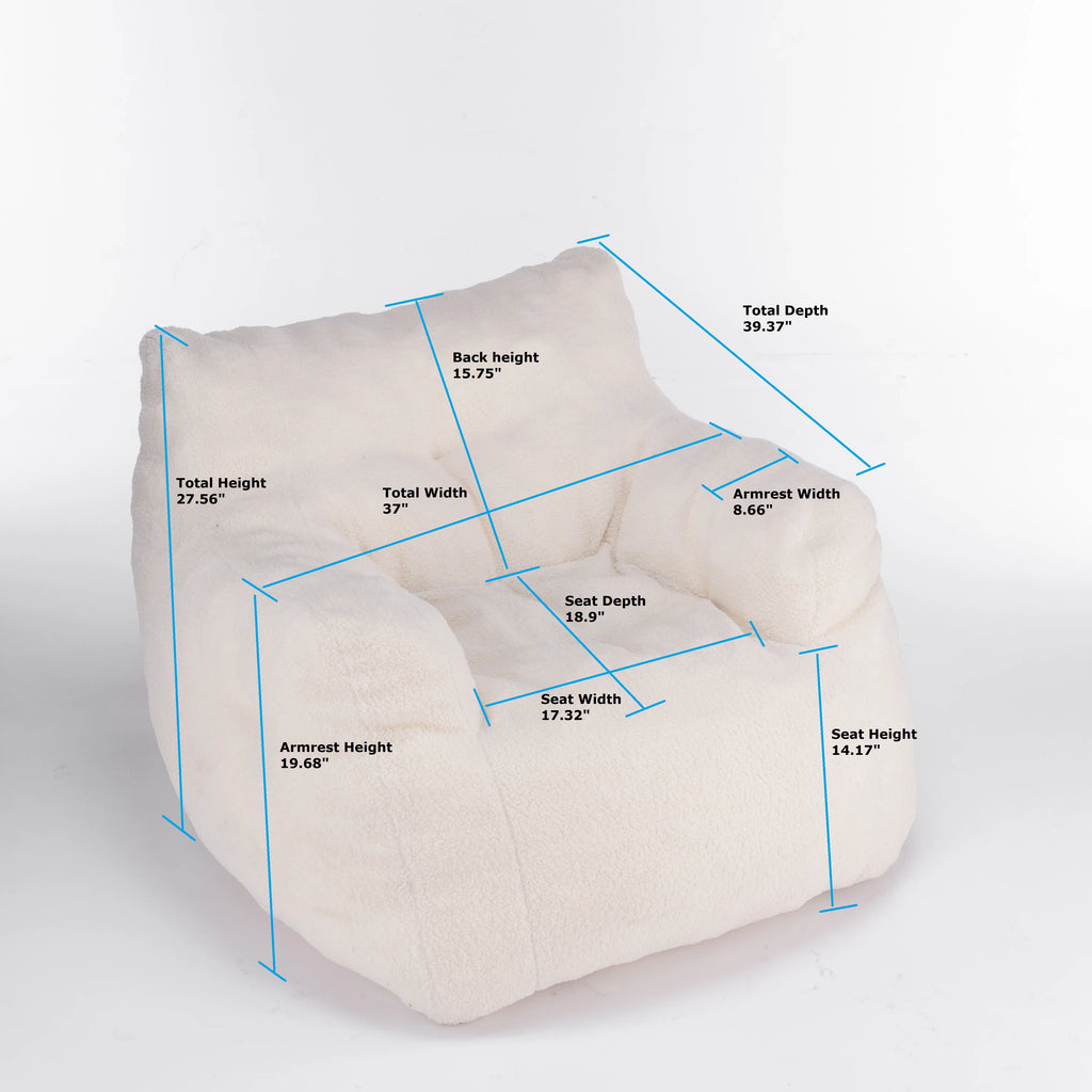 Soft Teddy Fabric Tufted Foam Bean Bag Chair with Modern Design One Seat Living Room Sofa Ivory White 