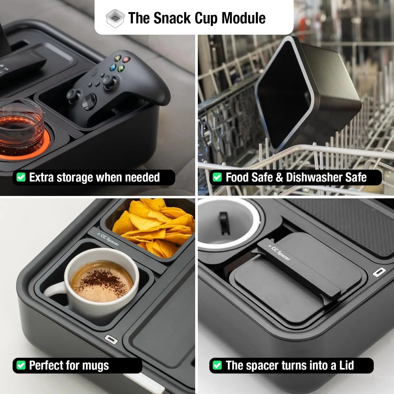 Sofa Caddy with Armrest, Cup Holder, Phone Stand & Storage for Drinks, Snacks, Remote - Black 