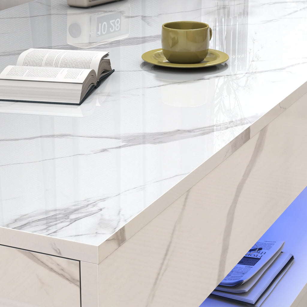 Modern Stylish Coffee Table with LED lights, Double-Layer Design for Living Room Coffee Table with 2 Storage Drawers 