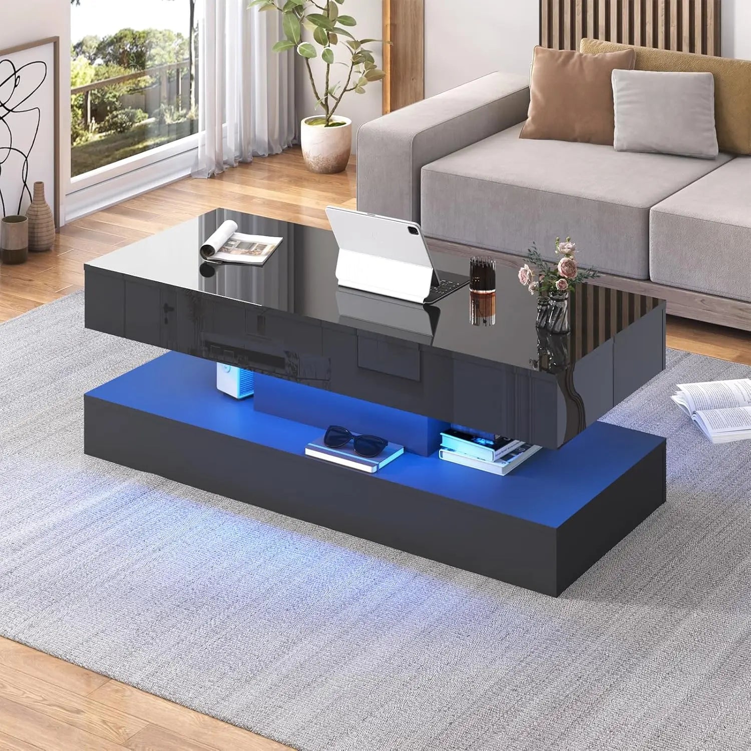 Modern Stylish Coffee Table with LED lights, Double-Layer Design for Living Room Coffee Table with 2 Storage Drawers 