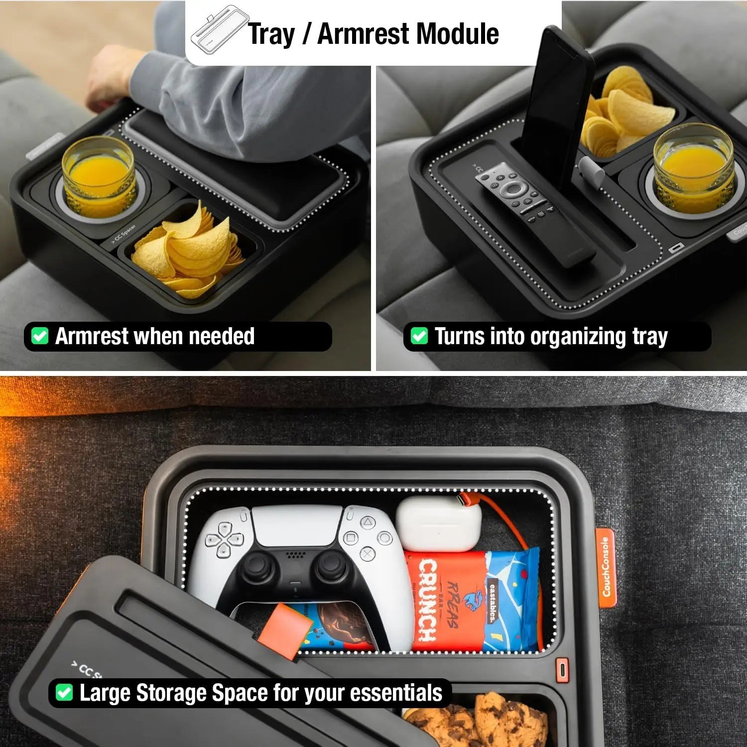 Sofa Caddy with Armrest, Cup Holder, Phone Stand & Storage for Drinks, Snacks, Remote - Black 