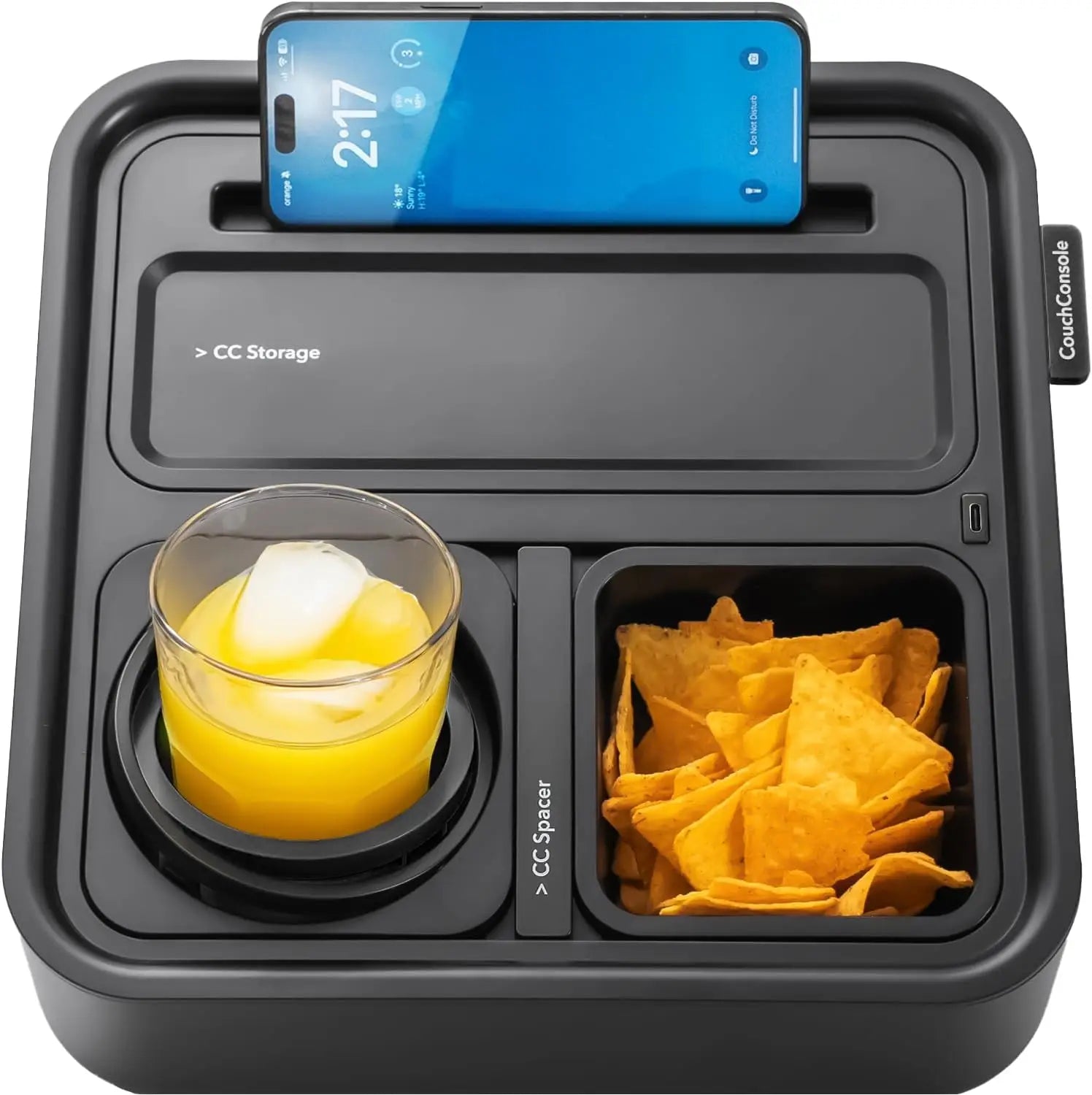 Sofa Caddy with Armrest, Cup Holder, Phone Stand & Storage for Drinks, Snacks, Remote - Black 