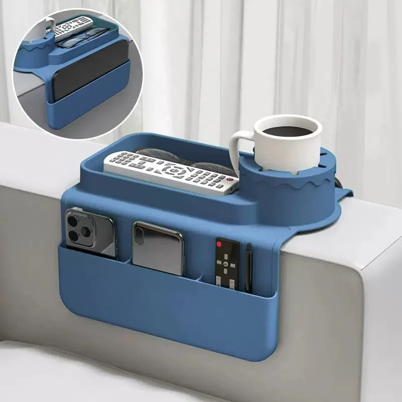 Silicone Couch Cup Holder Tray with Side Pockets Couch Armrest Table Waterproof Couch Arm Caddy for Snack Drinks Spectacles 