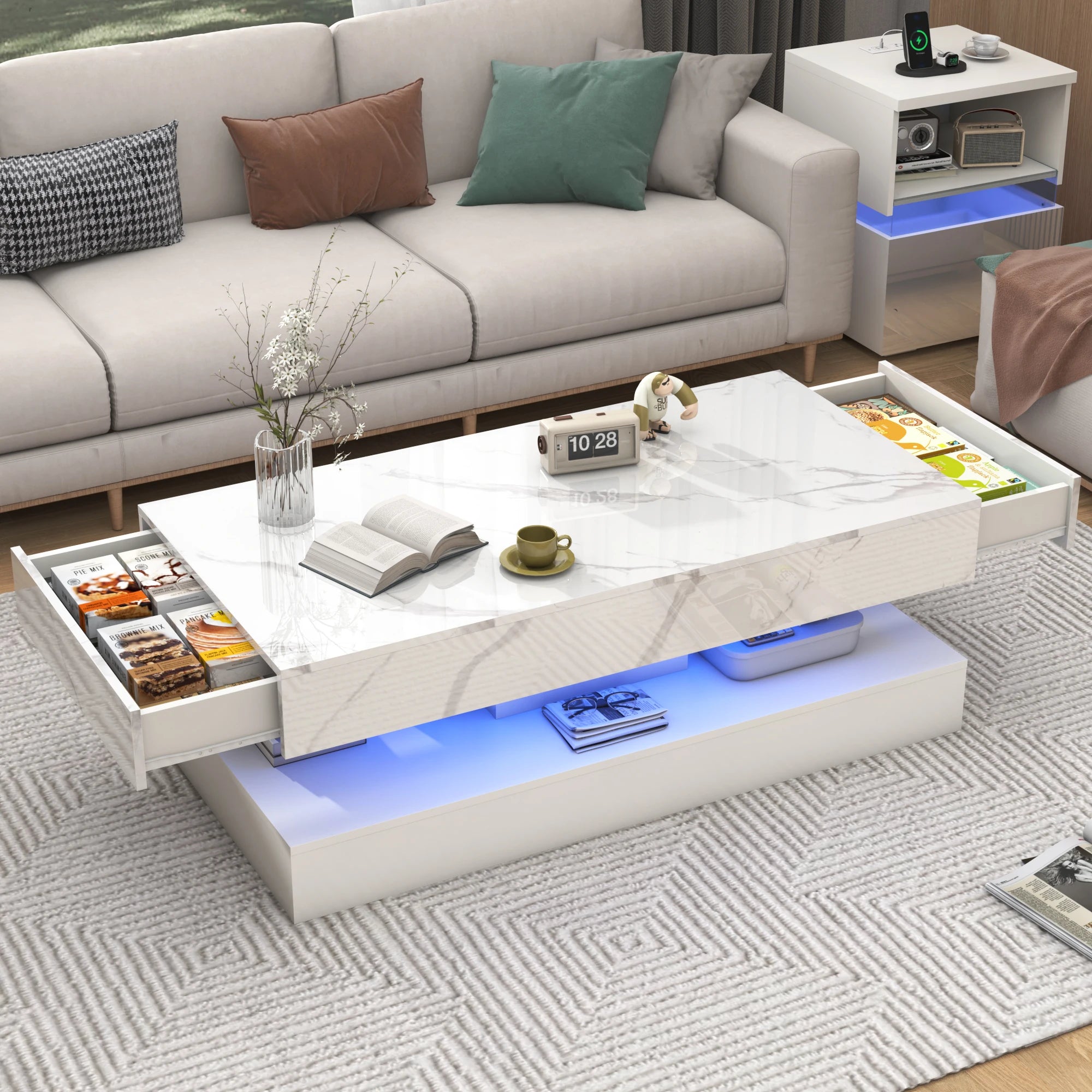 Modern Stylish Coffee Table with LED lights, Double-Layer Design for Living Room Coffee Table with 2 Storage Drawers 